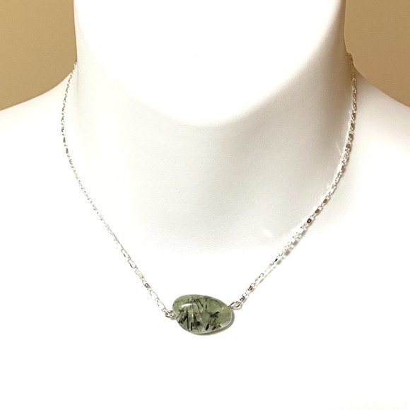 2/$20, Dark Green Prehnite Necklace, Genuine Tumbled Gemstone Bar Pendant - Picture 2 of 10
